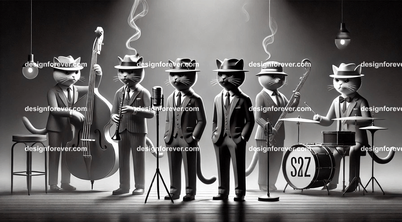 Anthropomorphs cats as 1920s jazz musicians with suits, fedoras, and instruments in dark smoky room