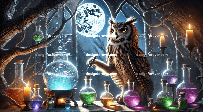 A raven with a star glowing in its beak, flying through a twilight sky over a mystical forest