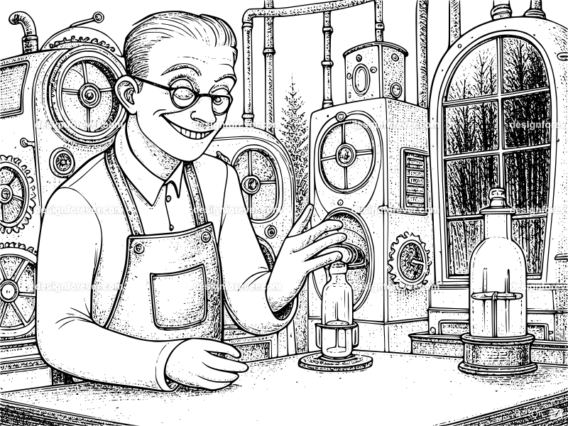 evil scientist with steampunk machine