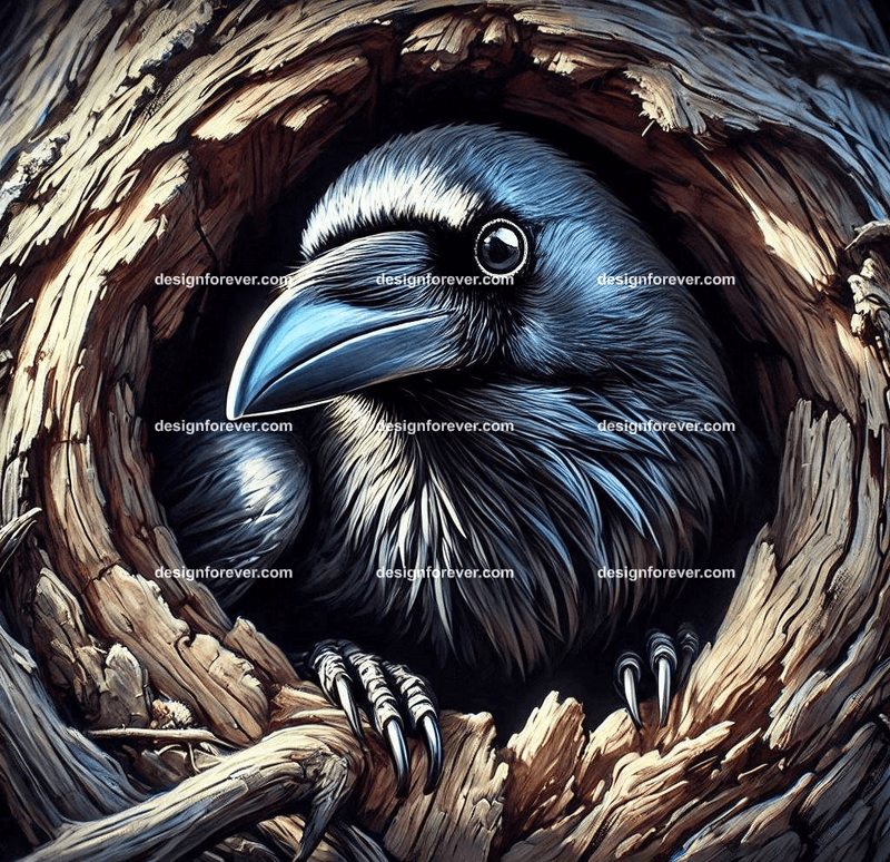 Raven living in tree hole
