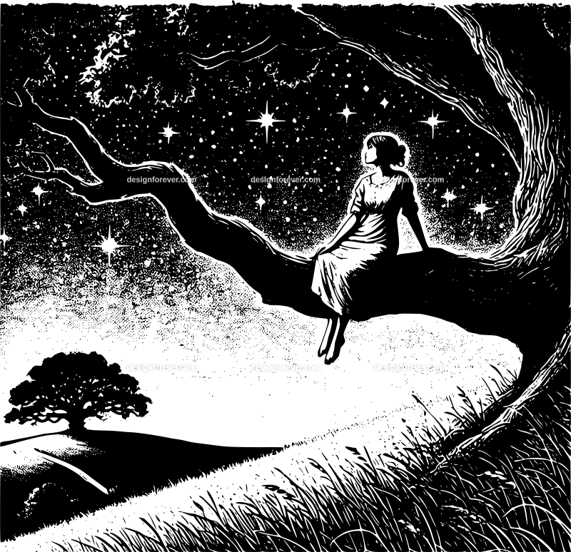 young woman on a big branch staring at stars lying on grassy hill at night next to old oak tree