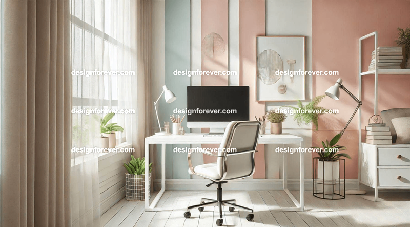 A bright, airy workspace with a white desk, an ergonomic chair, and a background featuring soft pastel tones and simple decor