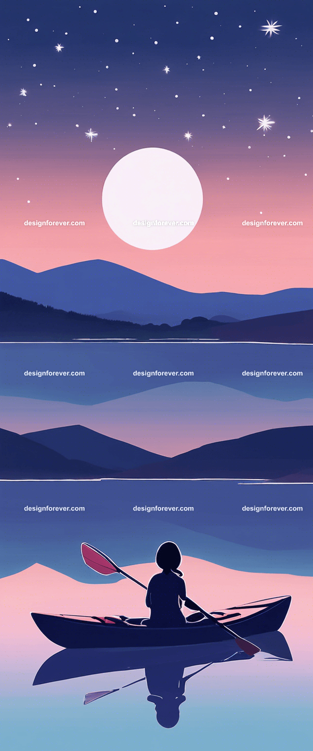 young woman on kayak on calm lake deep dark blue evening sky with stars