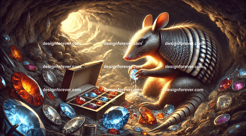An armadillo meticulously crafting glowing gemstone jewelry in a cozy underground burrow