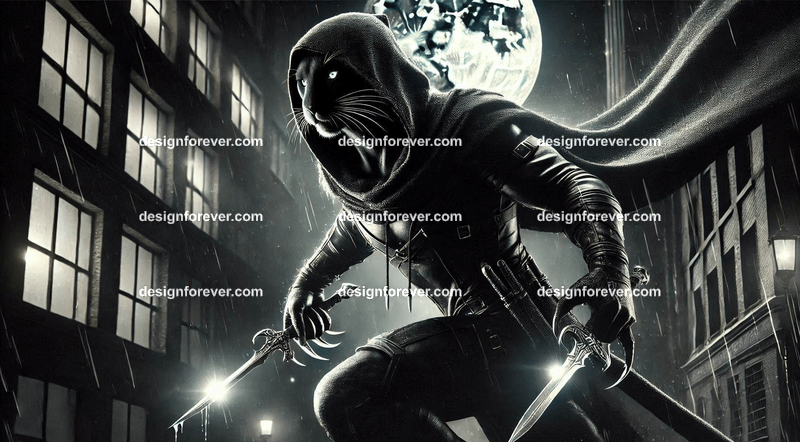 Sleek panther dressed in a dark hooded cloak, dual