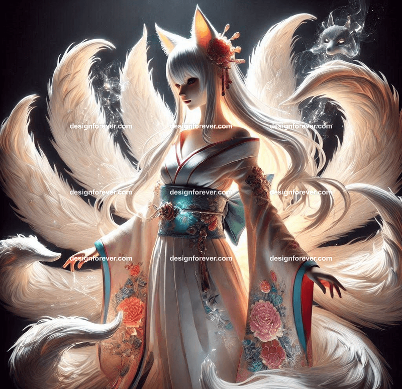 Kitsune in a silk kimono, with multiple tails glowing faintly, surrounded by mystical foxfire