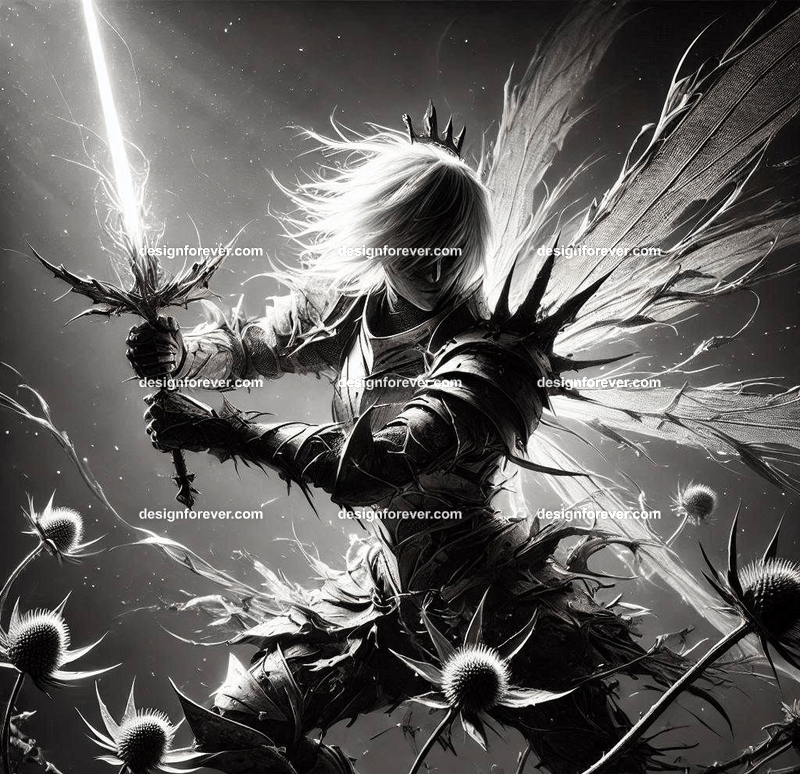 A fairy warrior clad in armor made of thistle leaves, wielding a glowing sword shaped like a thorn
