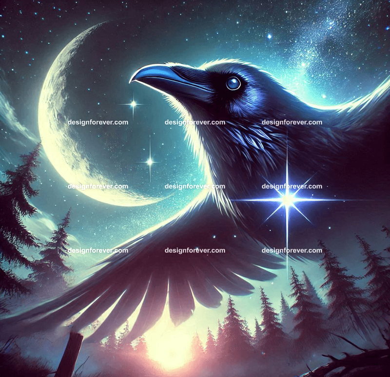 A raven with a star glowing in its beak, flying through a twilight sky over a mystical forest