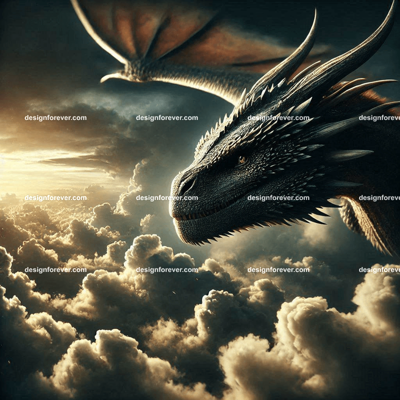 The flight of the dragons above majestic clouds and dark sky