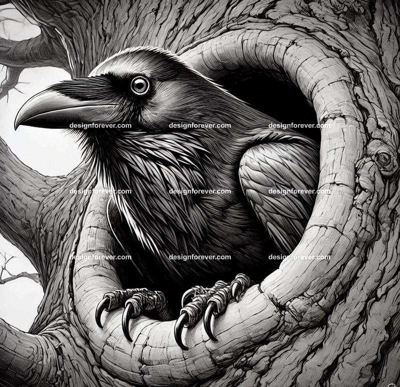 Raven living in tree hole