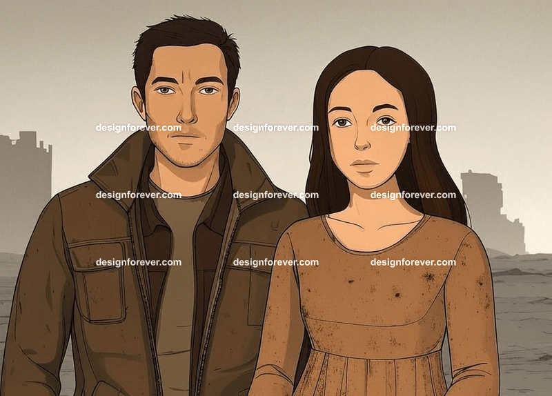 man and woman in dystopian world after nuclear war