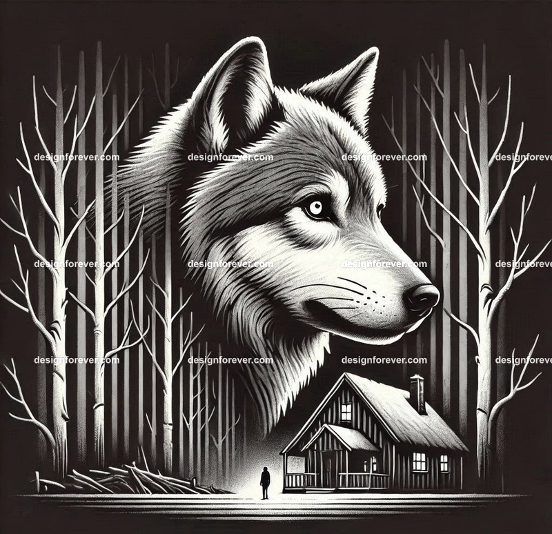 a wolf staring at cottage in woods in a creepy dark woods with dead trees