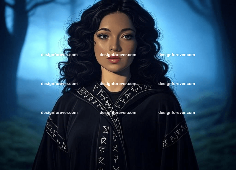 beautiful woman but with raven skin instead of human skin wearing black robe of magician with runes