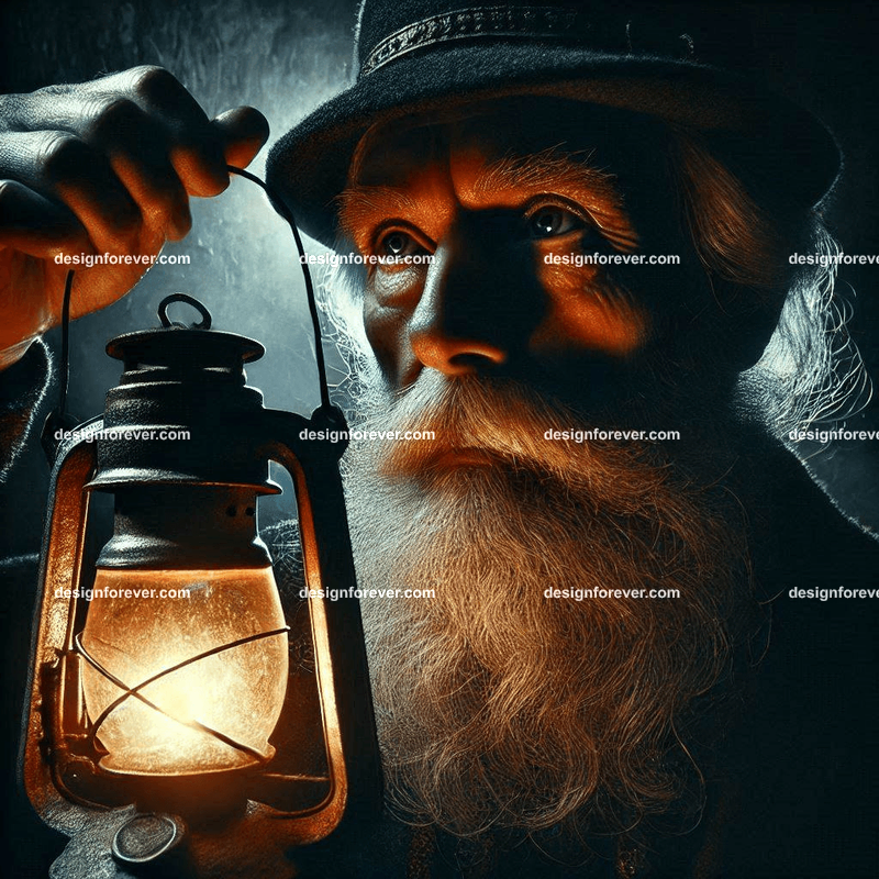 old man with lantern inside a dark cave mysterious scary lighting closeup face
