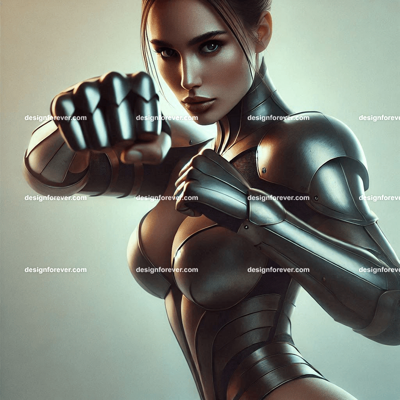 fierce woman in body suit armor punch attack
