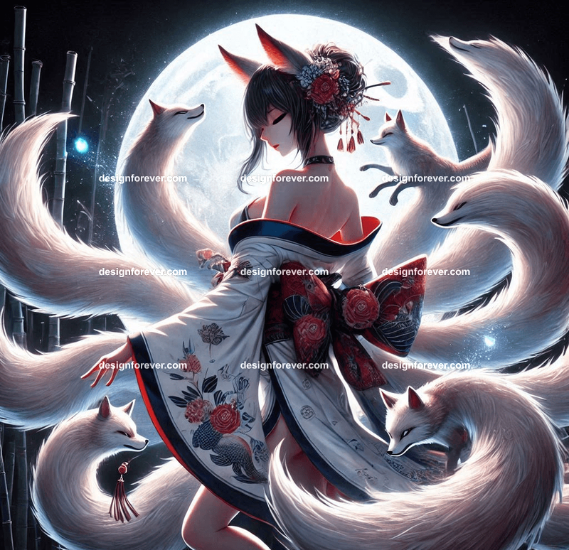 Kitsune in a silk kimono, with multiple tails glowing faintly, surrounded by mystical foxfire in moonlit forest bamboos