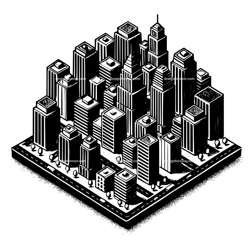 isometric cityscape graphic logo