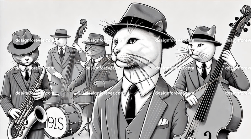 Anthropomorphs as 1920s jazz musicians with suits, fedoras, and instruments
