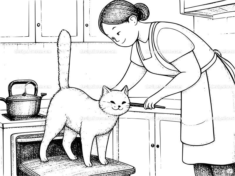 cat rubbing against housewife while she's cooking ramen in kitchen