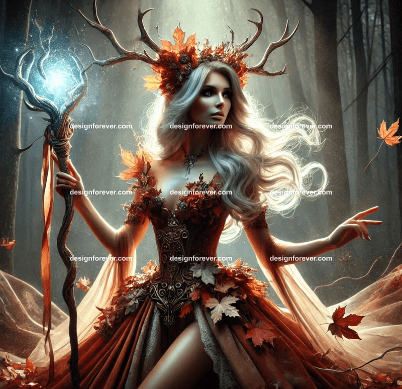 A regal fairy queen with antlers and a dress made of autumn leaves, holding a glowing staff in a magical forest