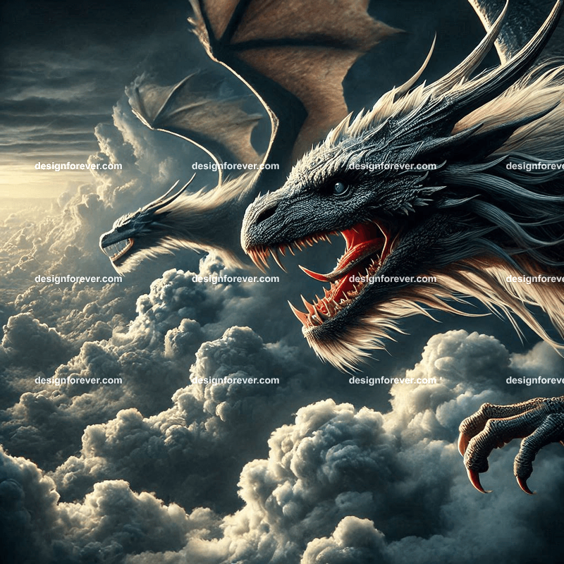 The flight of the dragons above majestic clouds and dark sky