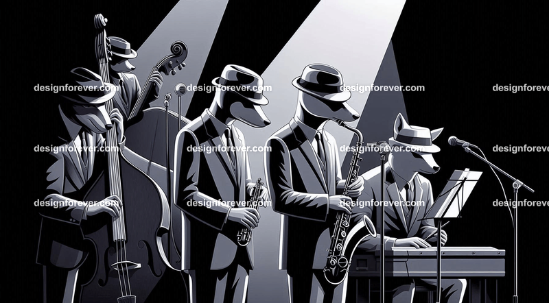 Anthropomorphs as 1920s jazz musicians with suits, fedoras, and instruments