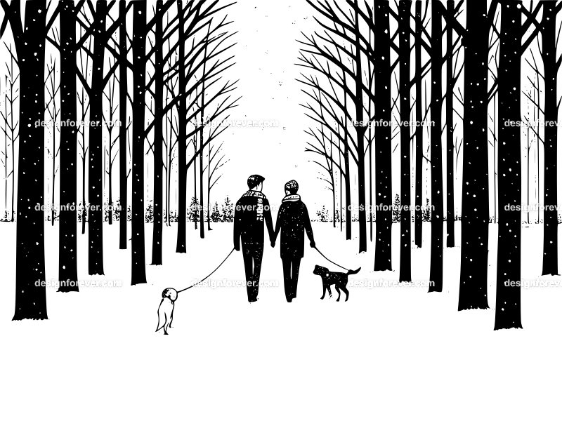 couple walking dog in winter