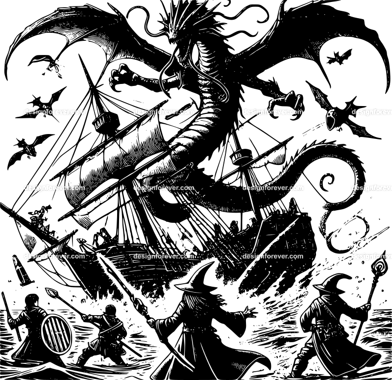 a leviathan attacking ship of adventurers and wizard with staff fighting back