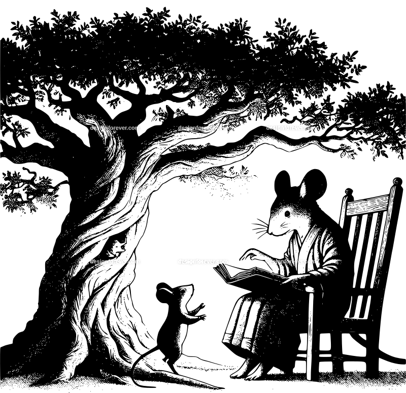 anthromorphic mouse teaching his daughter how to read in his living room inside an old oak tree