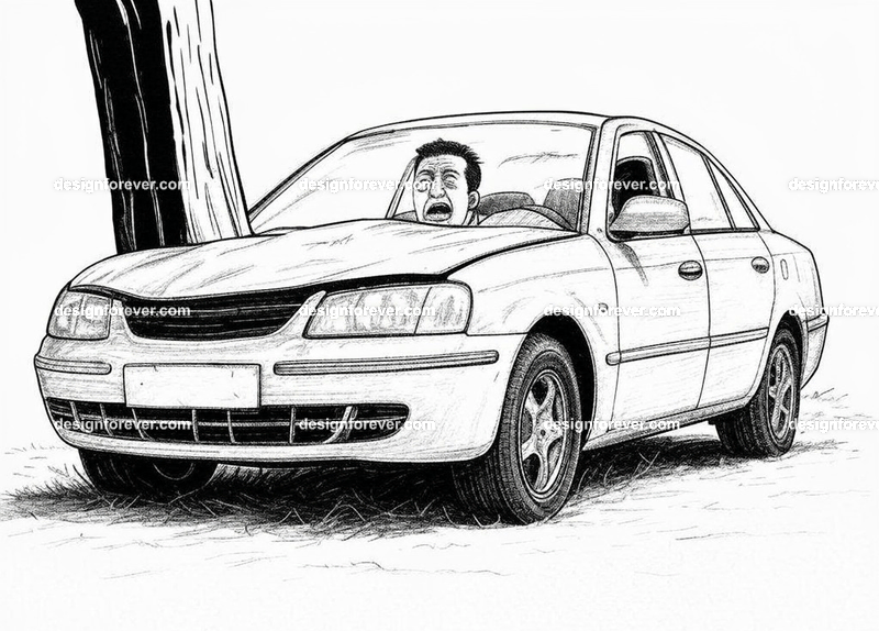 man crashing his car into tree and panicking