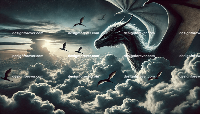 The flight of the dragons above majestic clouds and dark sky