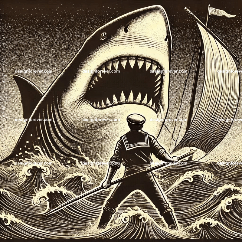 the sailor against the huge shark in the sea