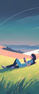 young woman with book lying on grass on hillside