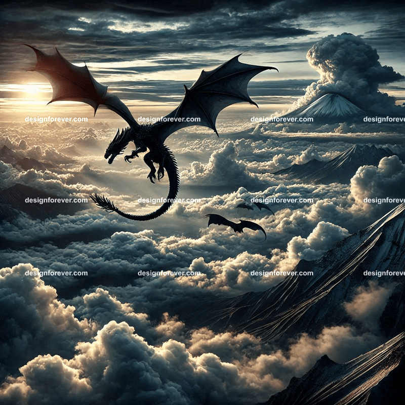 The flight of the dragons above majestic clouds and dark sky