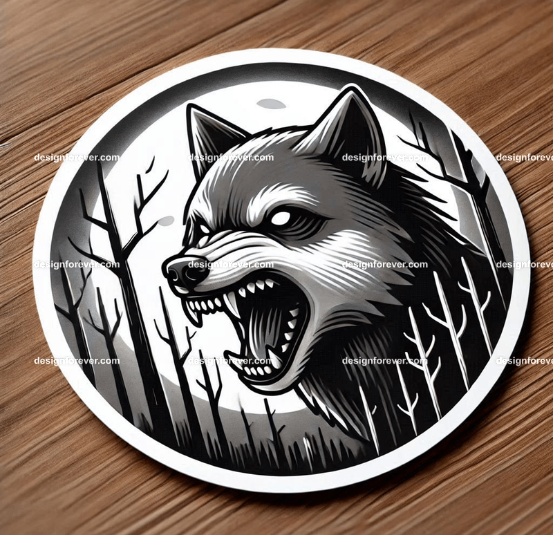 A round sticker depicting A wolf baring its teeth in a creepy forest with dead trees