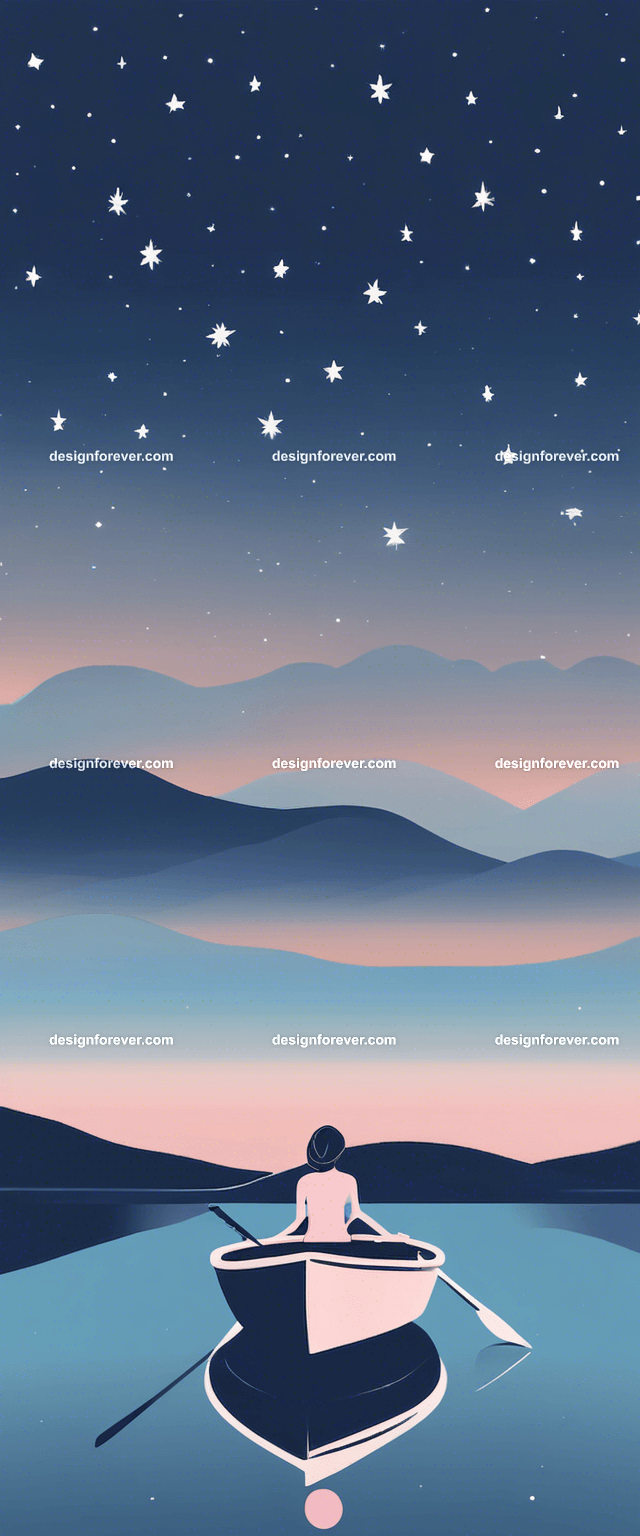 young woman on kayak on calm lake deep dark blue evening sky with stars